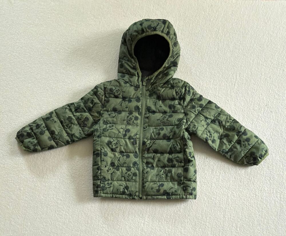 Title: Baby Gap Disney Mickey Mouse Cold Control Puffer Jacket Green Hooded 5T
